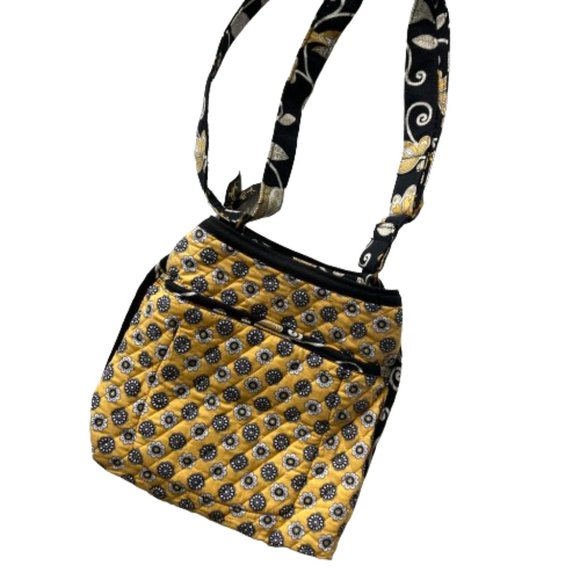 GIFT? Vera Bradley Quilted Crossbody Yellow Birds/Flowers on Black, Lined, OS - Picture 6 of 7